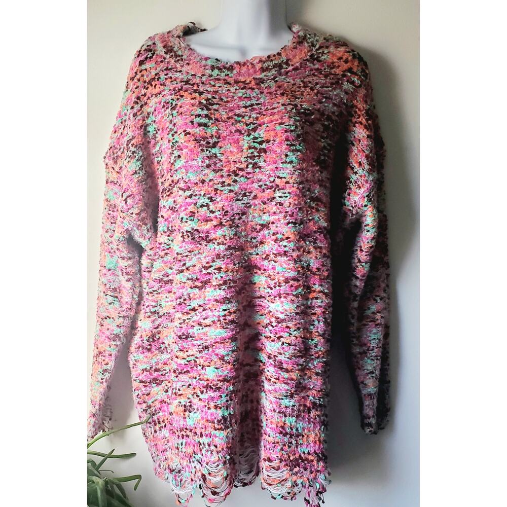 Umgee Womens New Multicolor Distressed Fuzzy Tunic Sweater Size Large Boho